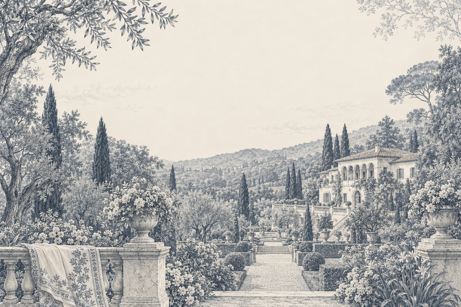 Engraved view across a villa garden: balustrade with a block-print cloth, stone urns, cypresses and the hills beyond.
